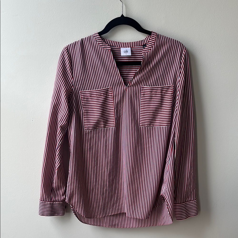 CAbi Red and White Striped V-Neck Blouse